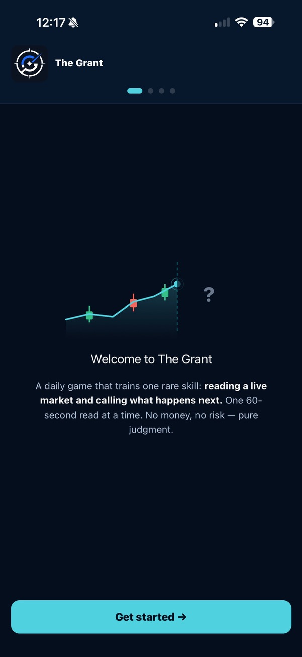 The Grant onboarding — the welcome screen, candles resolving into a question.