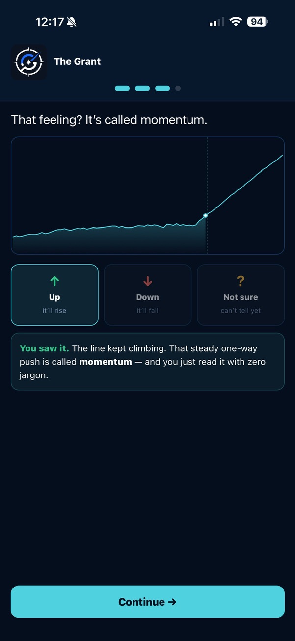 The Grant onboarding demo — feedback naming the feeling as momentum.