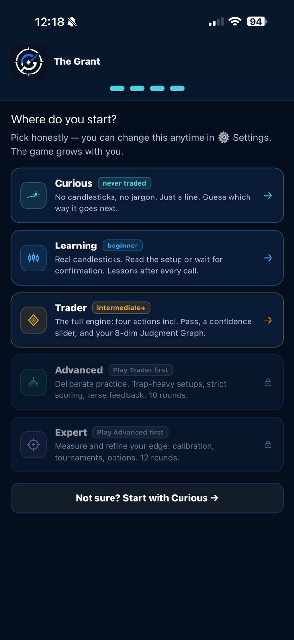 The Grant onboarding — the tier picker, curious through expert.