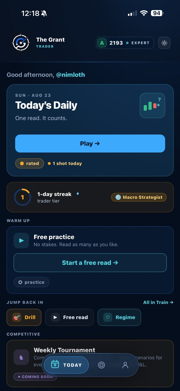The Grant home — today’s daily hub, streak and tournament, ready to play.