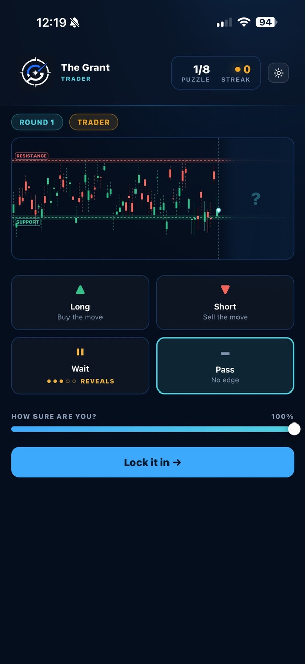 The Grant gameplay — pass selected at full confidence, stop set, ready to lock it in.
