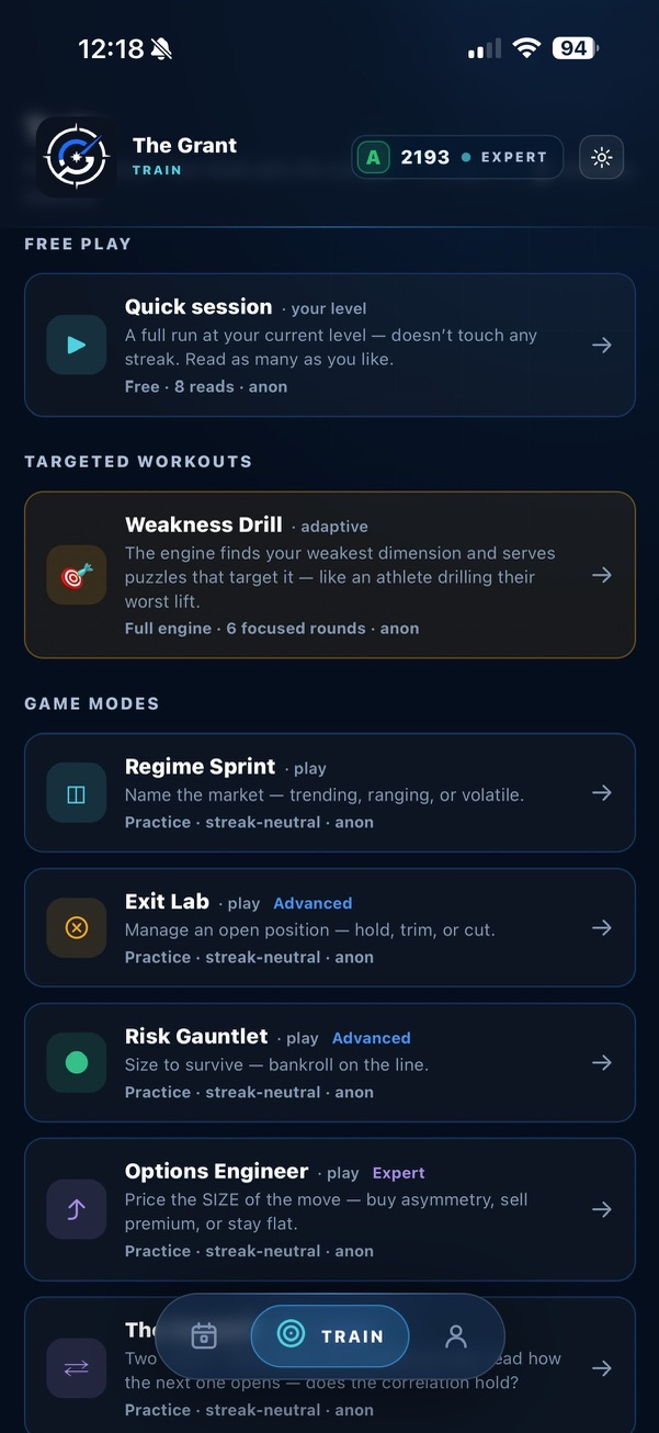 The Grant train hub — free play, weakness drills, game modes.